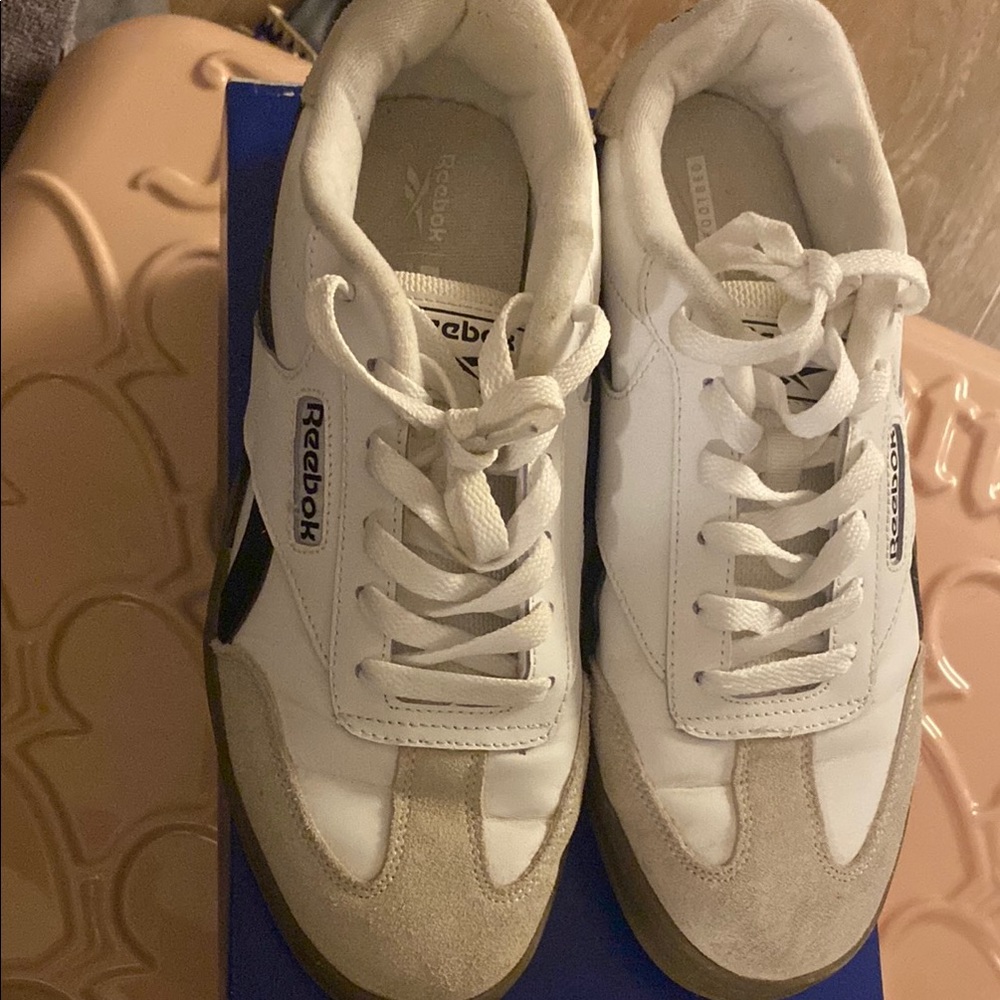 Reebok White and Tan Classic Sneakers